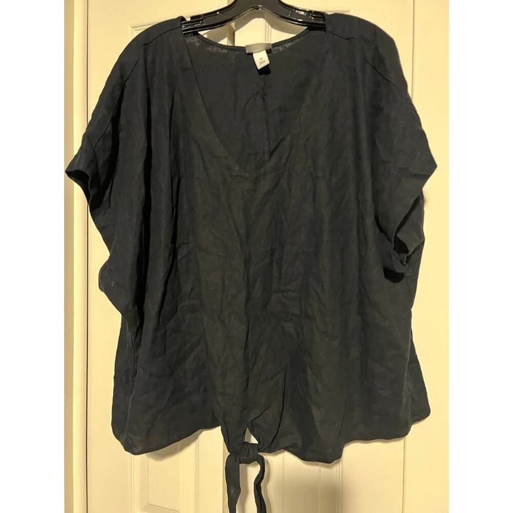 Ava & Viv Womens Black Linen Blend Tie Front Top 3X EUC